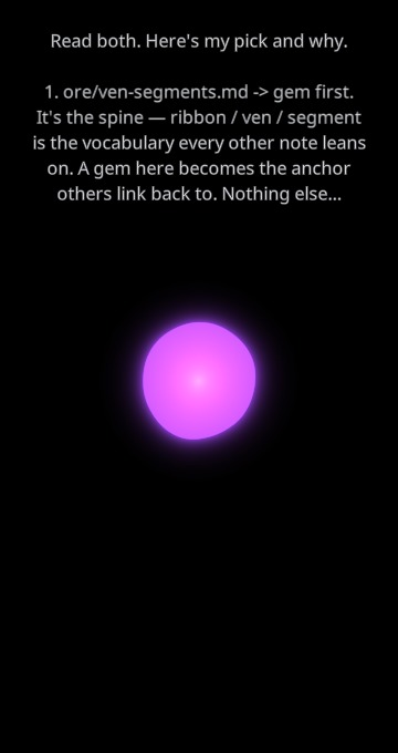 The answer: which two notes to distil into a gem first, and why — with the numbers taken from the notes themselves. The bubble shows the beginning; double-click it to open the whole conversation in Deck's Sessions facet and carry on there.