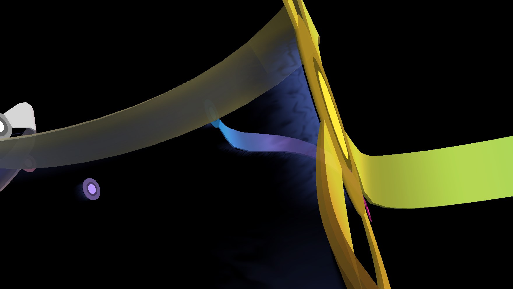 Ribbons crossing above a domain; dark matter hangs under them as fog the shader computes. A camera point the host saved while playing.