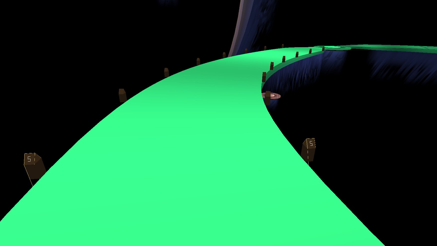 Walking along a ribbon. Posts count the distance in world units; fog drifts under the ribbon beside it.